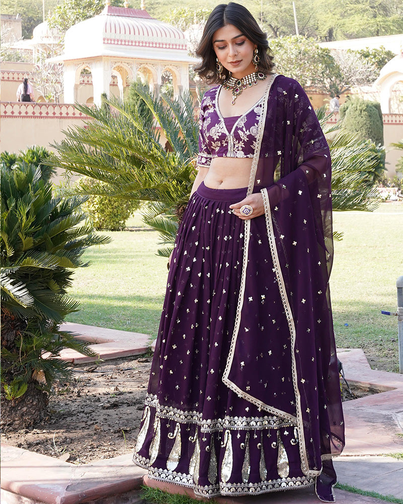 Wine Color Sequence Embroidered Faux Blooming Lehenga Choli
