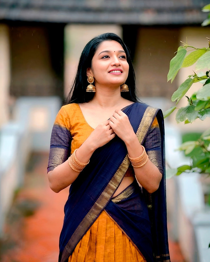 Mustard Color Dola Chex Zari Weaving Half Saree