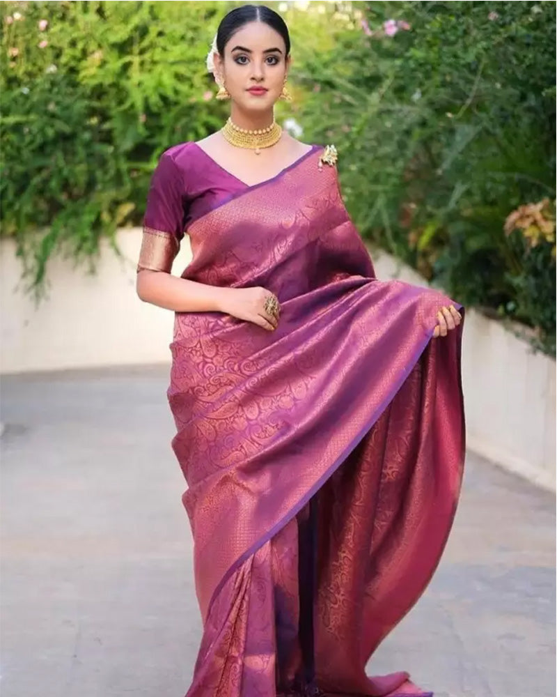 Wine Color Banarasi Soft Silk Saree