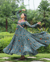 Green Color Georgette Kutchi Work Navratri Gown