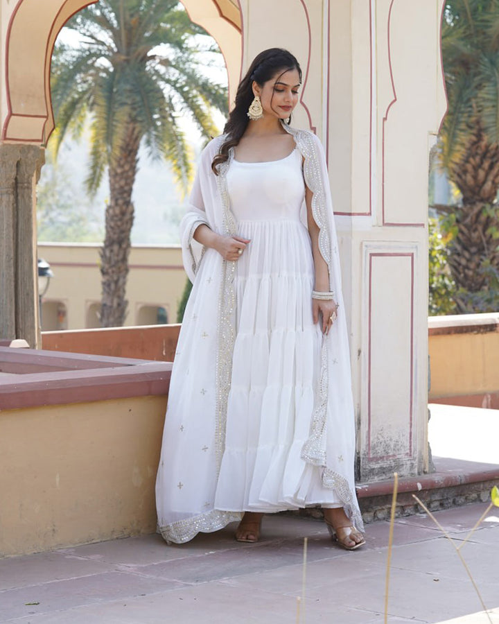 Designer White Color Frill Georgette Floor Touch Gown With Dupatta