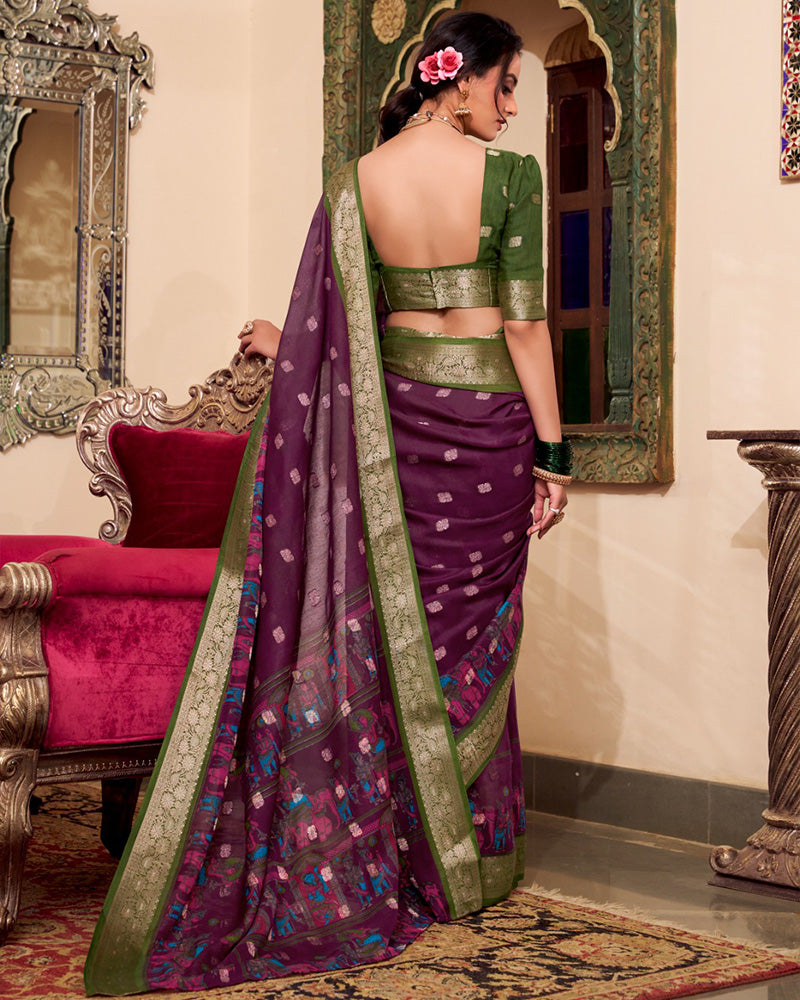 Wine Color Poly Cotton Kalamkari Print With Zari Work saree