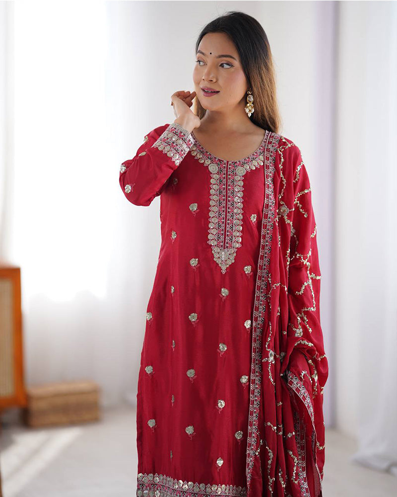 Red Color Chinon Silk Embroidered Three Piece Kurti Suit
