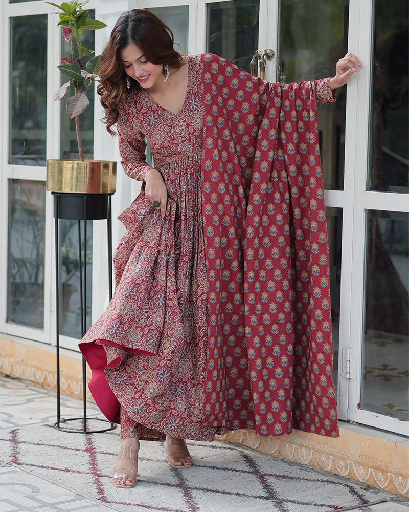 Premium Maroon Color Pure Cotton Kurti With Pant And Dupatta Set