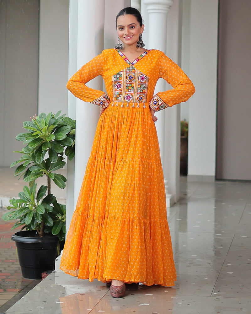 Yellow Color Georgette Bandhani Print Navratri Gown