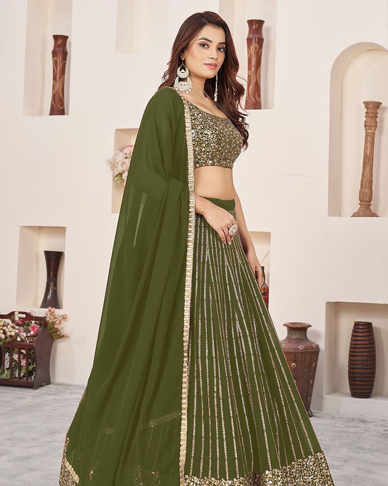 Olive Green Color Georgette Embroidered Semi Stitched Lehenga Choli