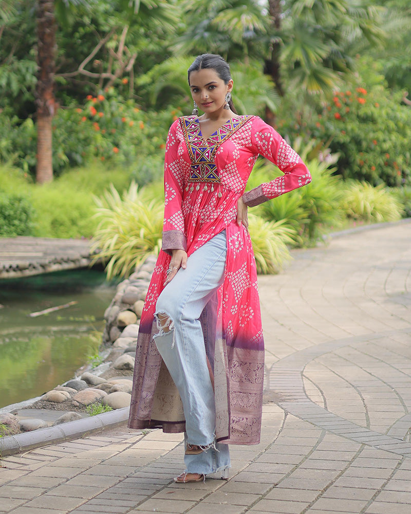 Pink Color Cotton Printed Navratri Kurti