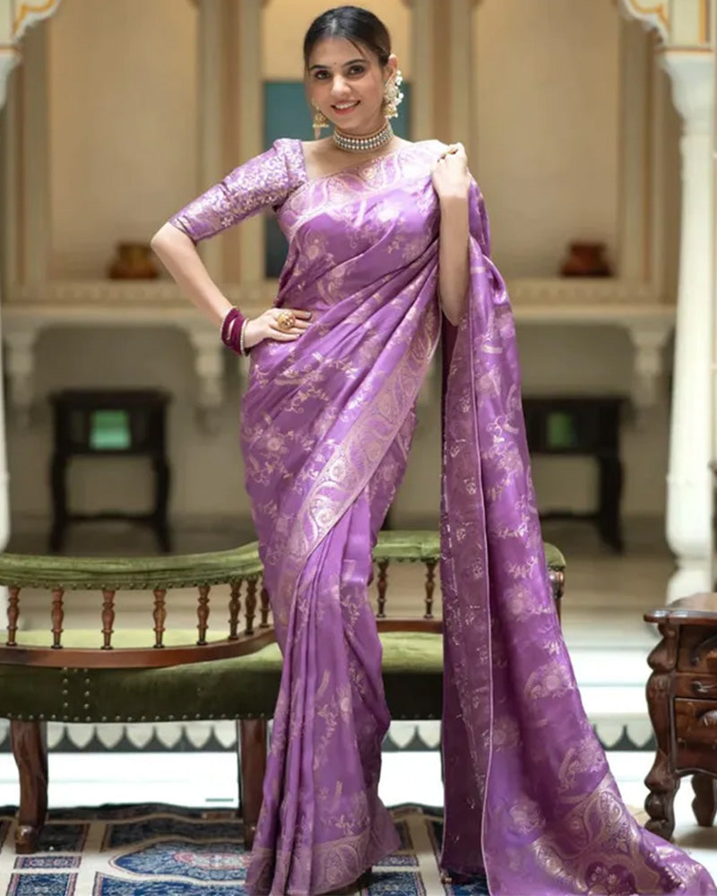 Lavender Color Banarasi Jacquard Zari Weaving Saree