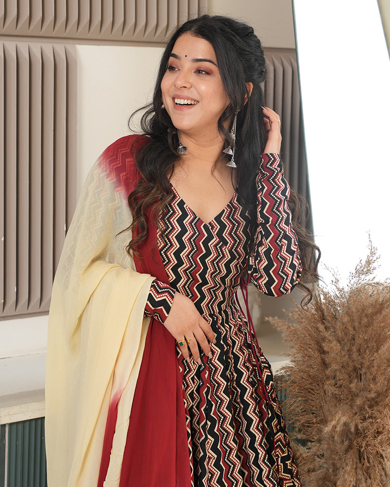 Black Color Laheriya Printed Pure Cotton Anarkali Suit