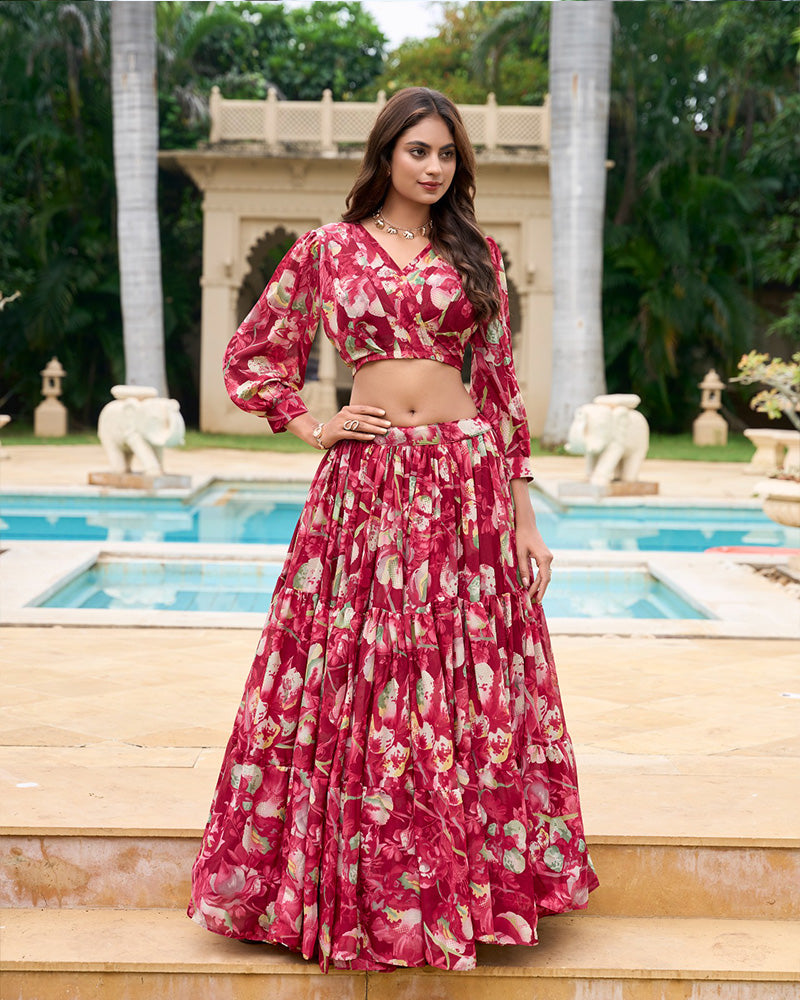 Maroon Color Georgette Printed Crop Top Lehenga Choli