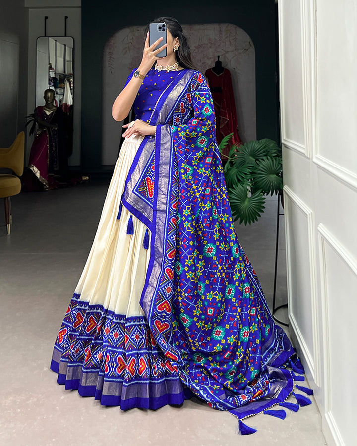 Royal Blue Color Tussar Silk Patola Printed Lehenga Choli