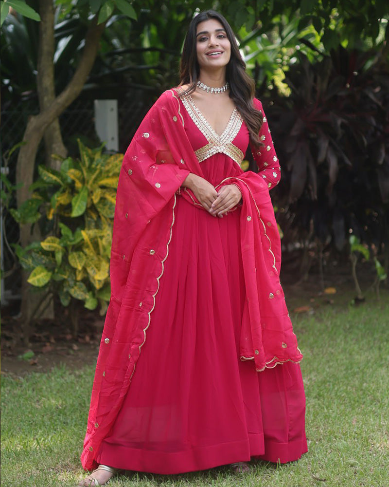 Wedding Wear Embroidered Rani Pink Color Alia Cut Gown With Dupatta