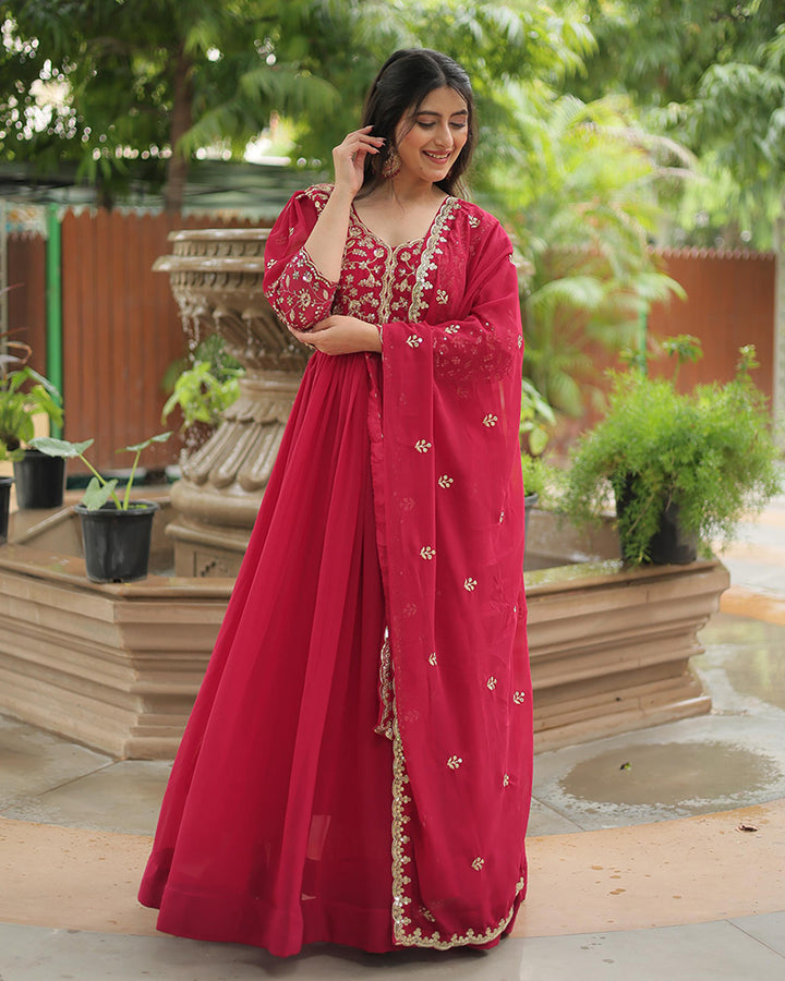 Rani Pink Color Faux Blooming Multi Embroidered Work Gown