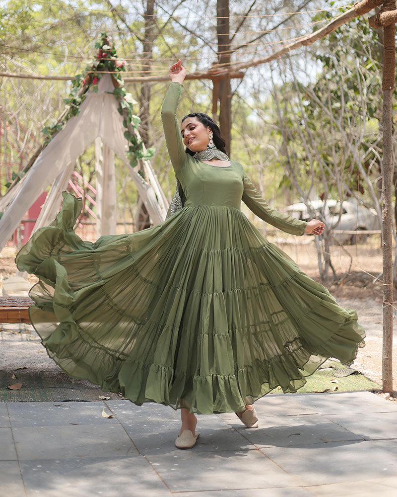 Mehndi Color Designer Embroidered Gown With Dupatta