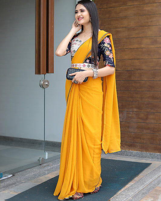 Yellow Color Georgette Plain Saree