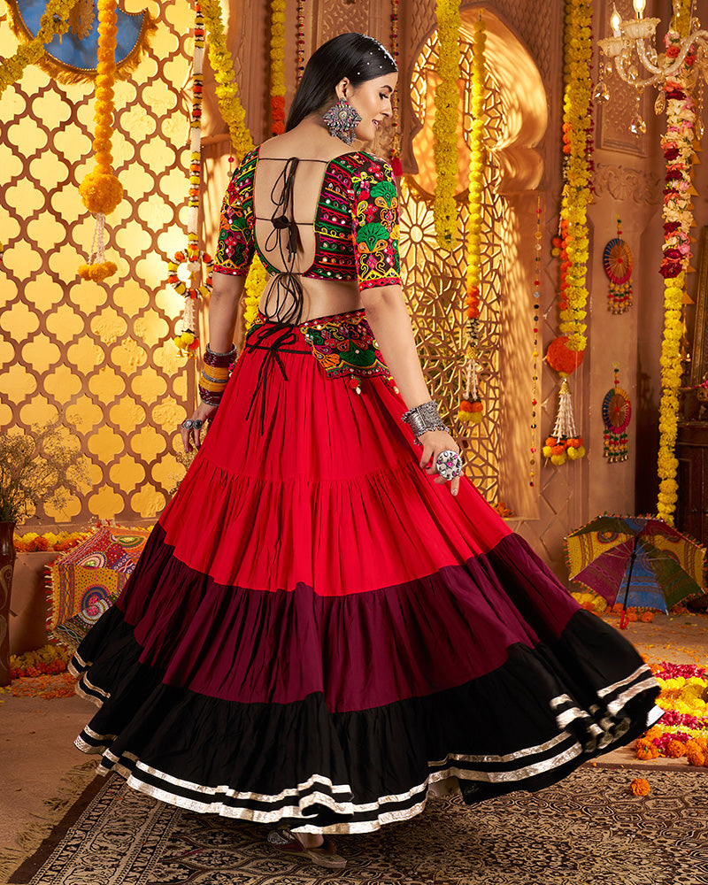 Traditional Red Multi Color Thread And Mirror Work Lehenga Choli