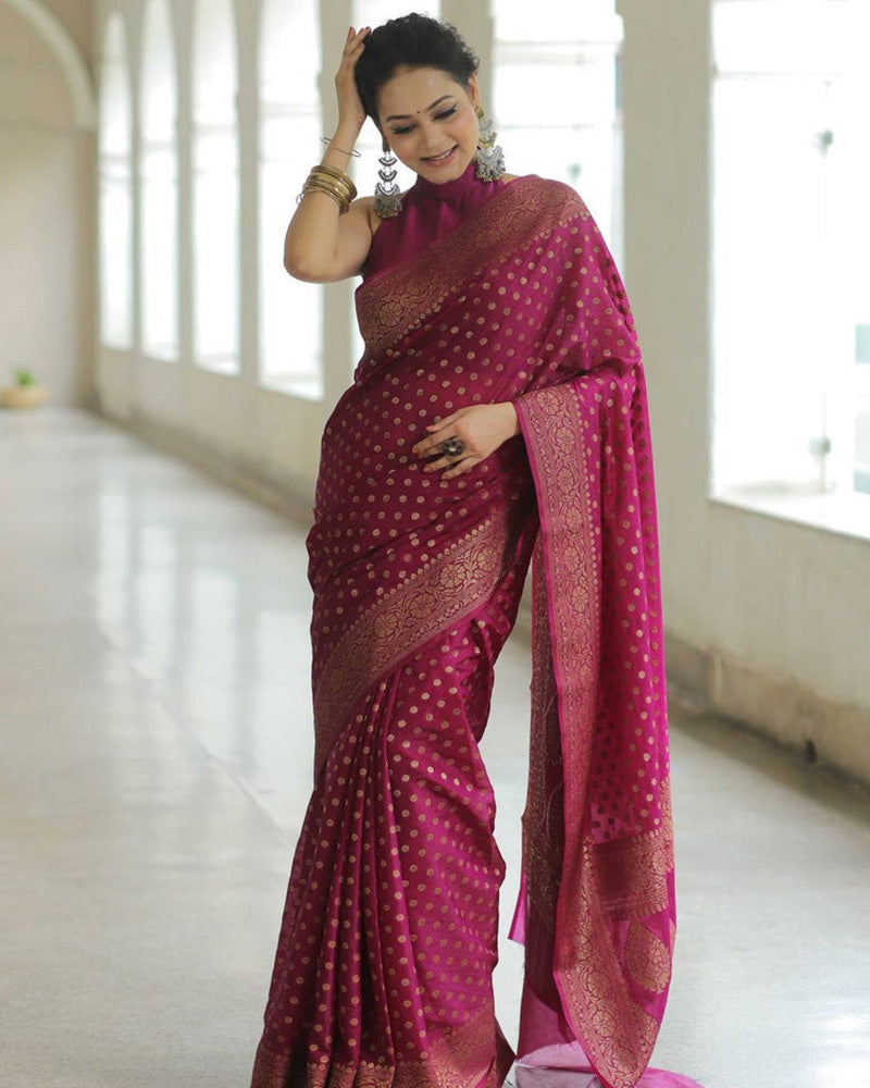 Wine Color Banarasi Jacquard Soft Silk Saree