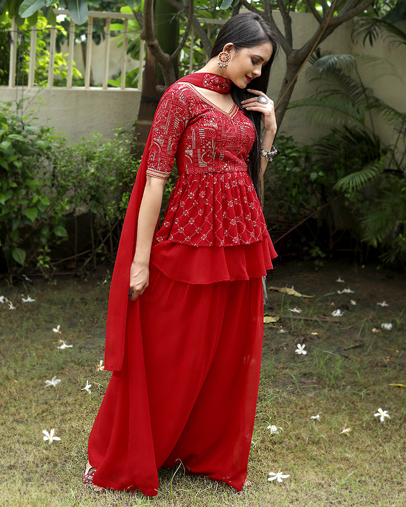 Red Color Georgette Embroidery Work Three Piece Sharara Suit