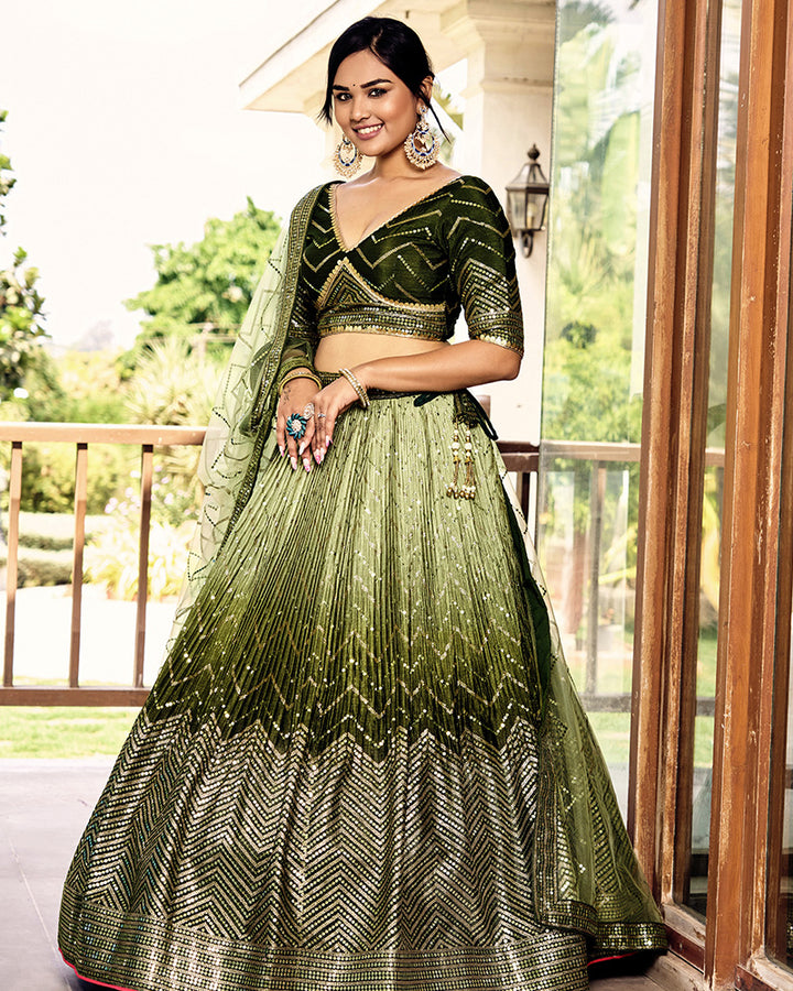 Green Color Chinon Embroidered Lehenga Choli