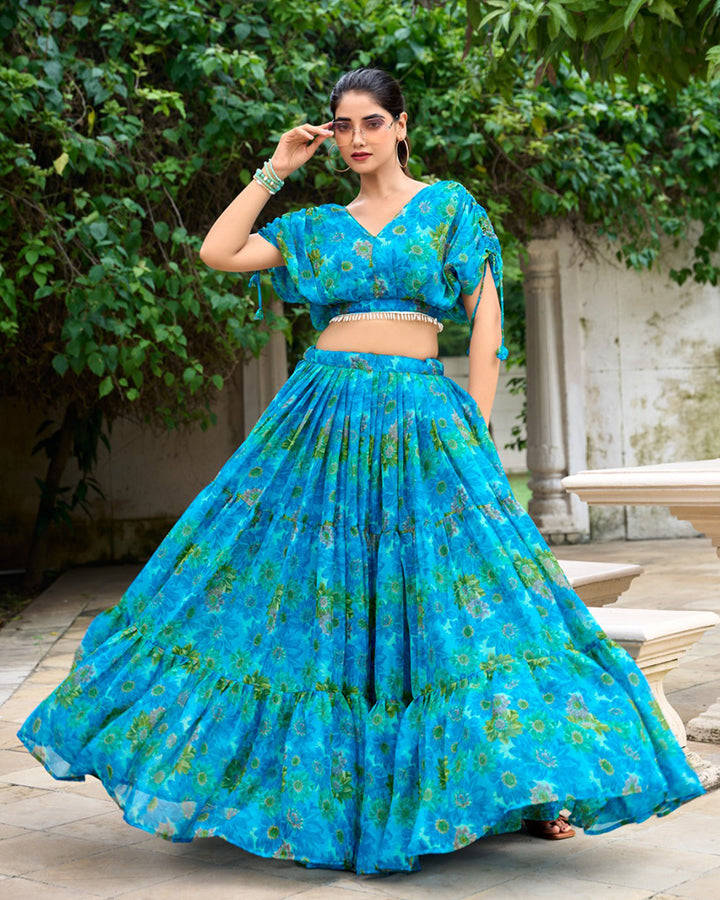 Sky Blue Color Chiffon Printed Crop Top Lehenga Choli