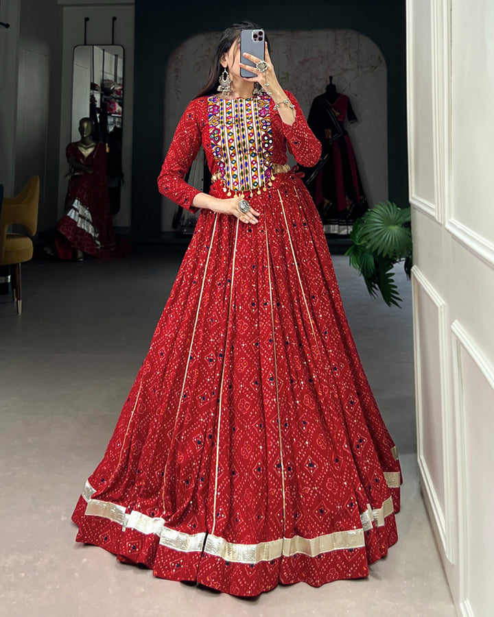 Red Color Rayon Bandhej Print Navratri Lehenga Choli