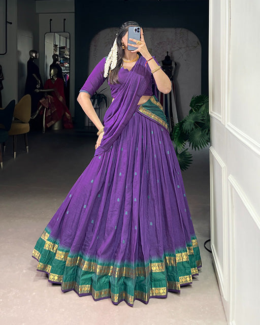 Elegant Purple Chanderi cotton half saree lehenga choli