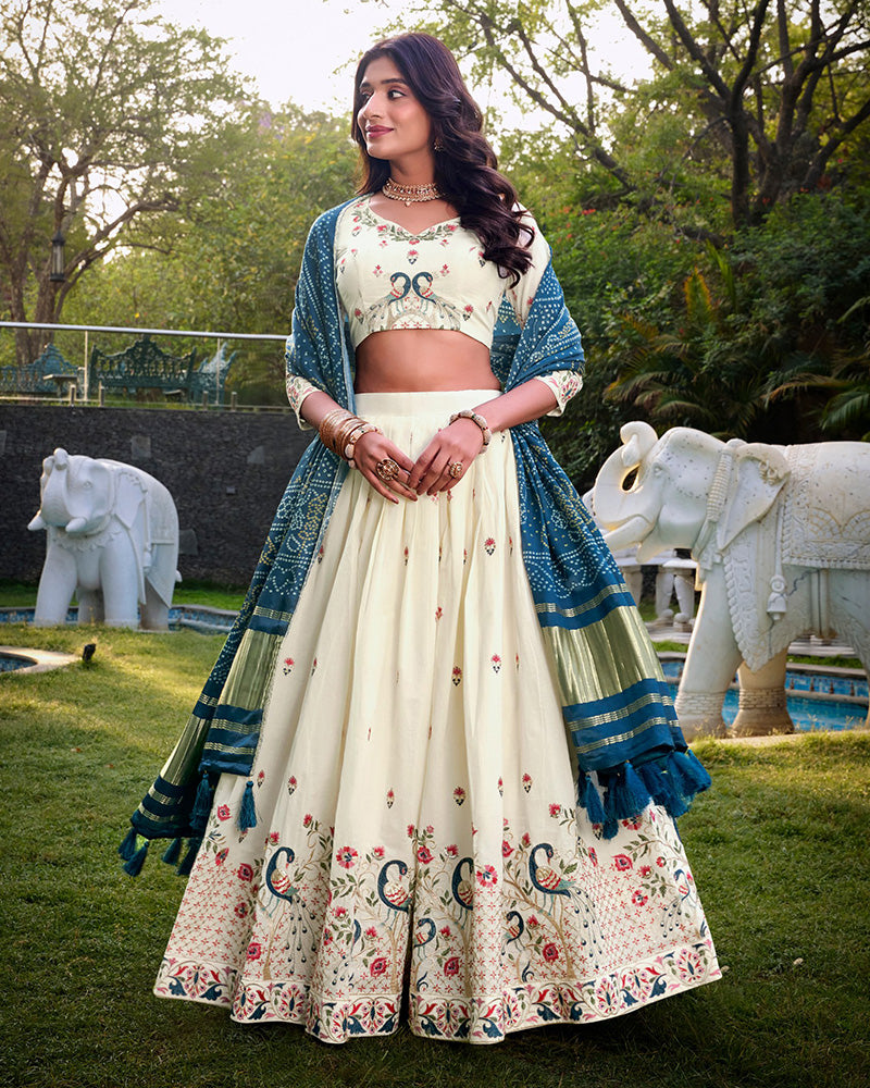 Peacock Shape Off-White Color Cotton Lehenga Choli