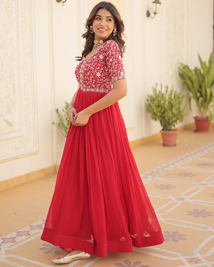 Red Color Faux Blooming Zari sequence Embroidered Gown