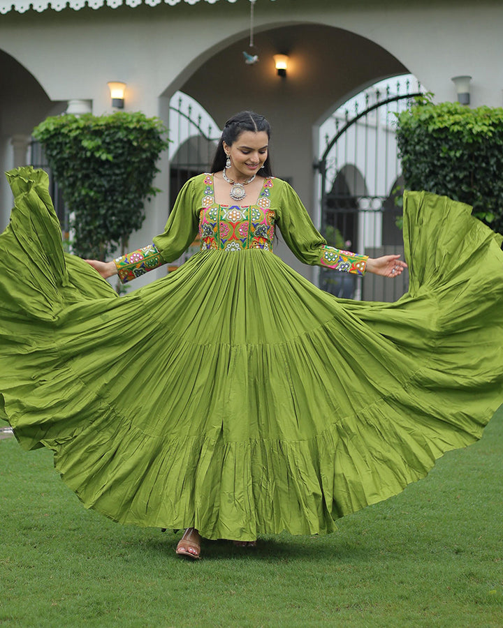 Parrot Green Color Rayon Navratri Gown