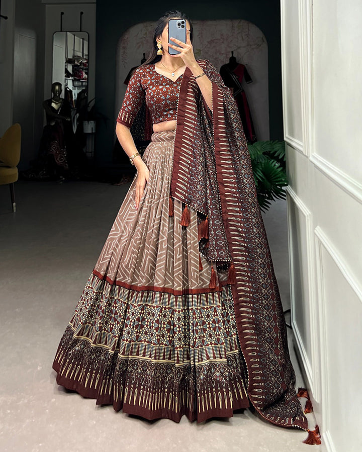 Brown Color Tussar Silk Bandhej Printed Navratri Lehenga Choli