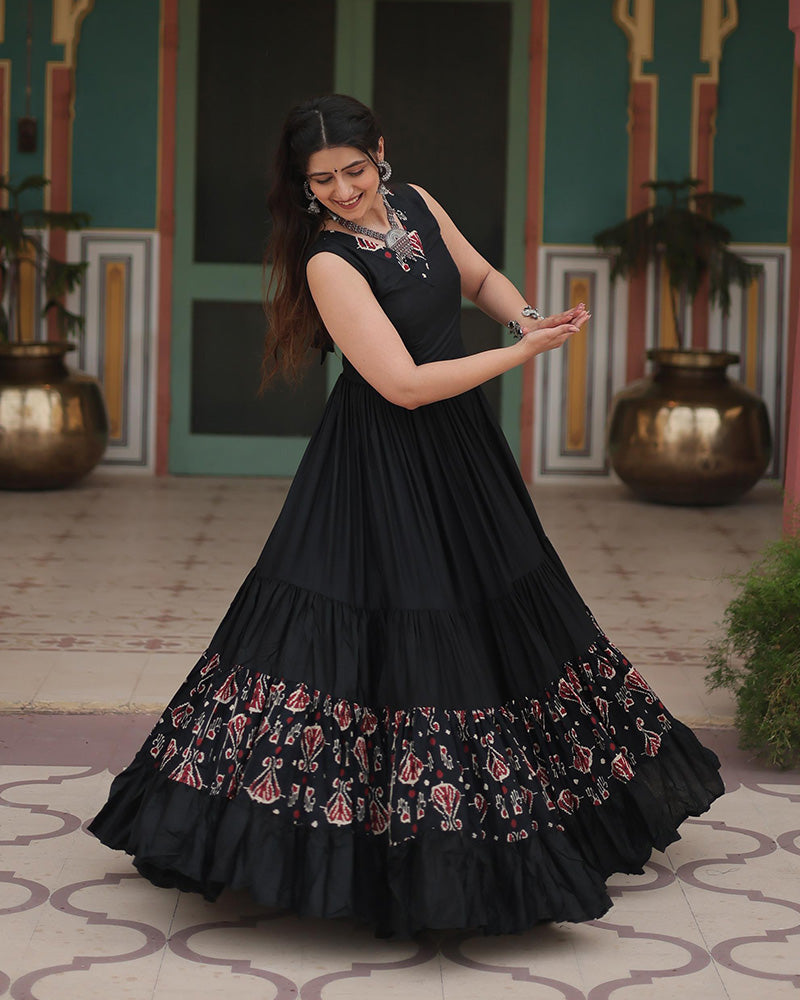 Black Color Reyon Printed Navratri Gown