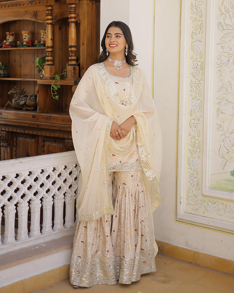 Off-White Color Viscose Jacquard Three Piece Gharara Suit
