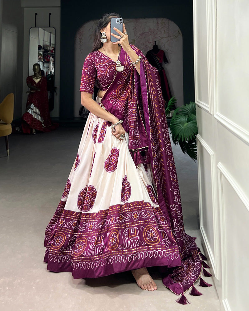 Wine Color Tussar Silk Bandhej Printed Lehenga Choli