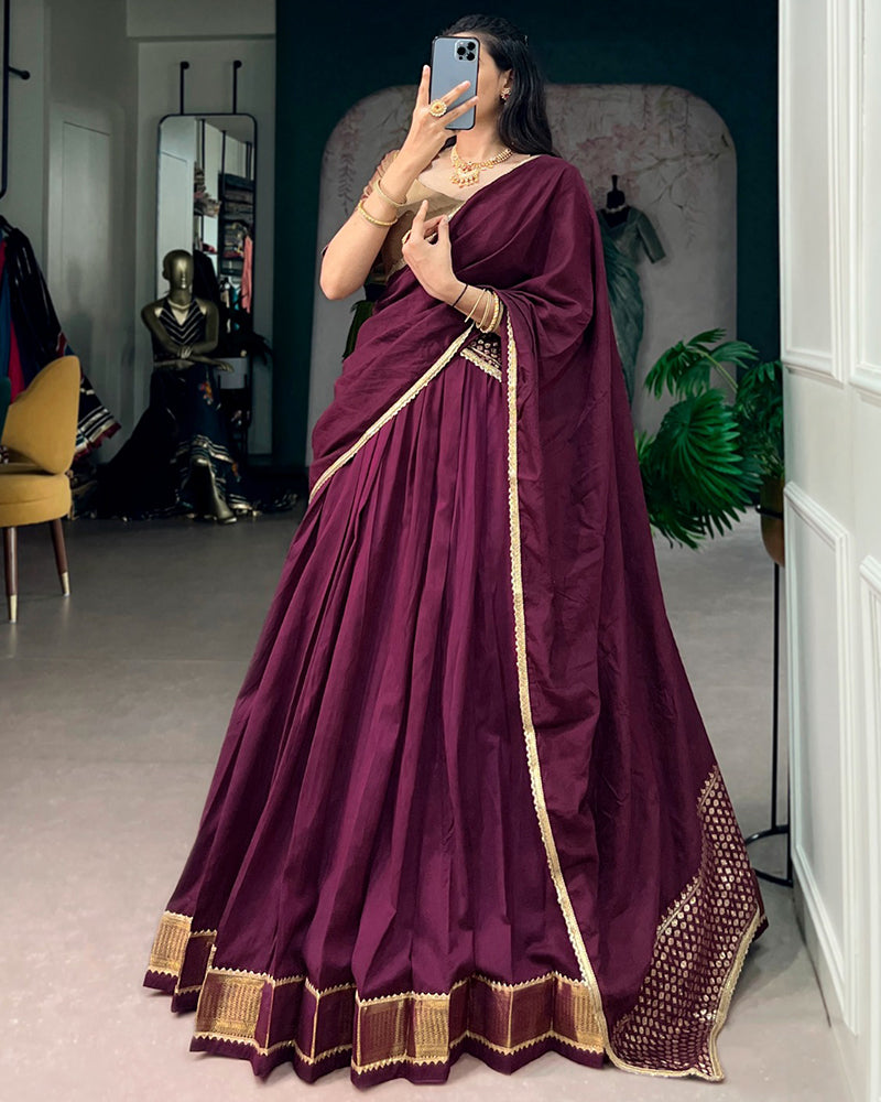 Wine Color Pure Chanderi Zari Weaving Lehenga Choli