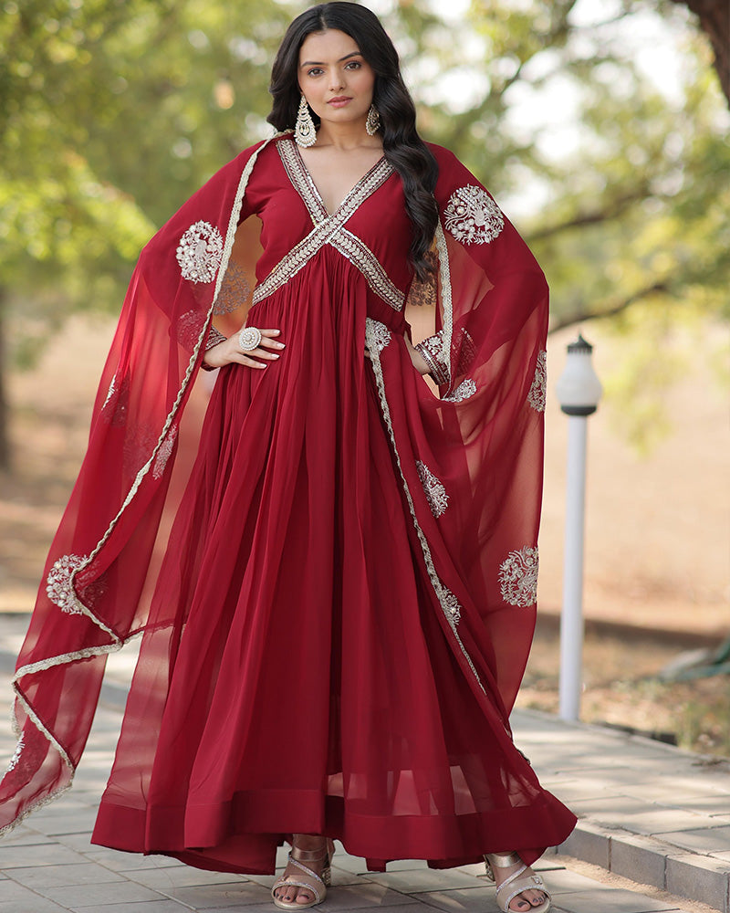 Wedding Wear Embroidered Maroon Color Alia Cut Gown With Dupatta