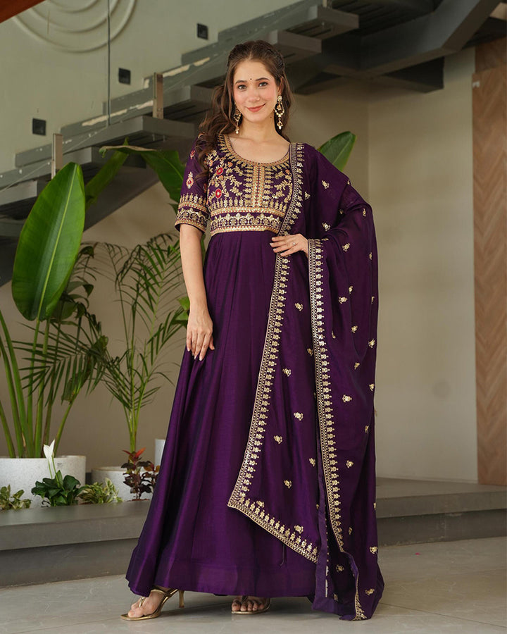 Wine Color Vichitra Silk Embroidered Gown