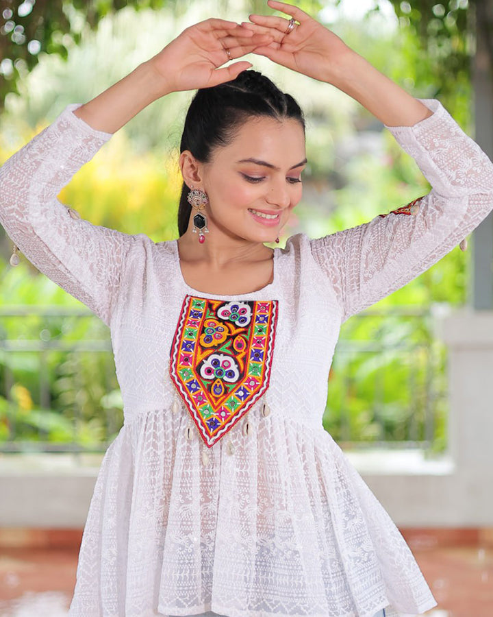 White Color Georgette Schiffli Work Navratri Kediya