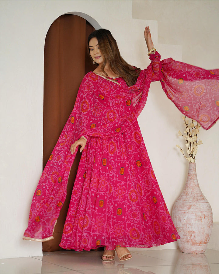 Rani Pink Color Bandhej Print Soft Chiffon Anarkali Gown