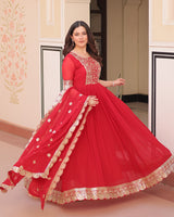 Designer Red Anarkali Gown With Golden Embroidery