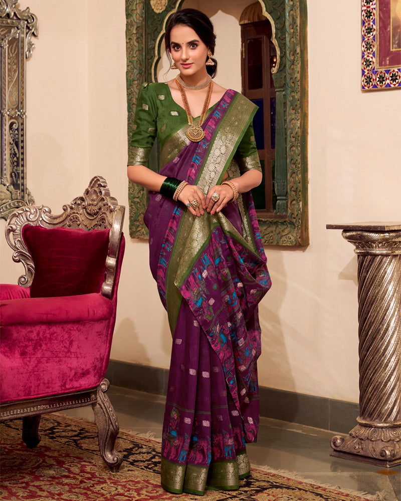 Wine Color Poly Cotton Kalamkari Print With Zari Work saree
