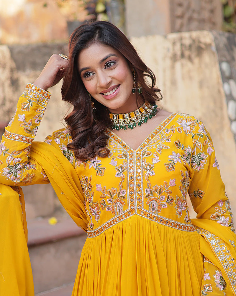 Mustard Color Faux Blooming Zari Embroidered Work Gown