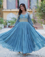 Sky Color Star Georgette Gown With Embroidered Dupatta