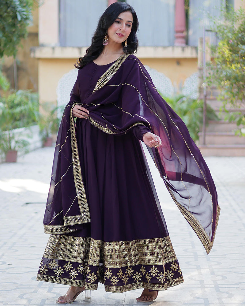 Exclusive Dark Wine Color Attractive Sequence Embroidery Work Gown