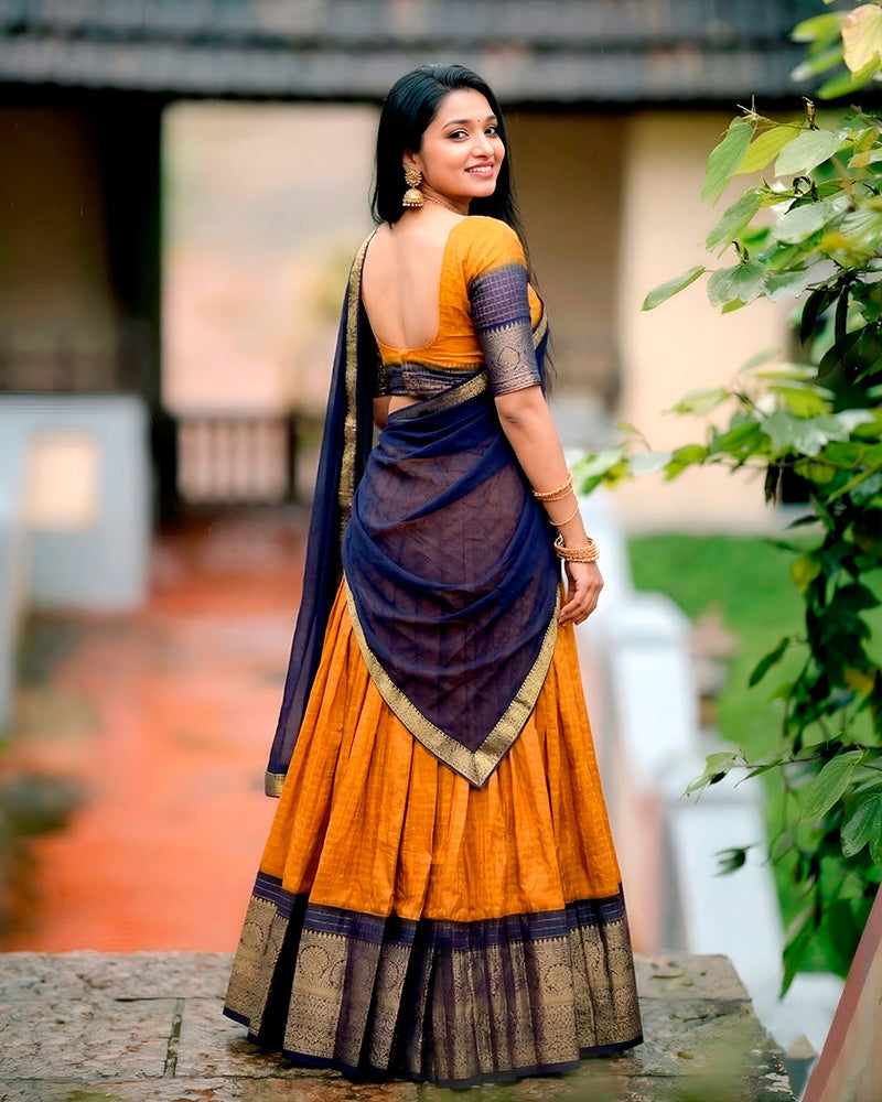 Mustard Color Dola Chex Zari Weaving Half Saree