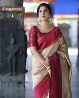 Red And Cream color banarasi Soft Silk Saree