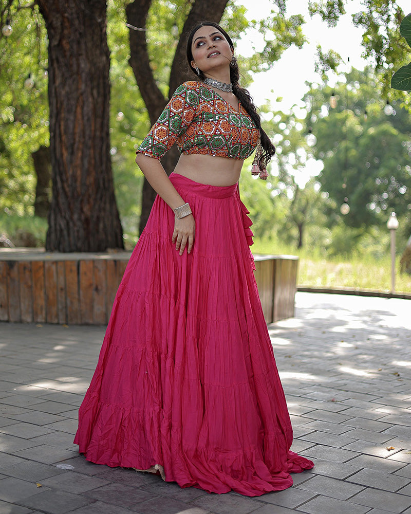 Pink Color Rayon Full Flair Navratri Lehenga Choli