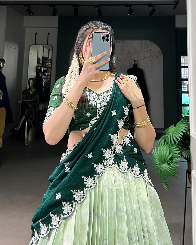 Pista Color Zari Kota Embroidered Half Saree