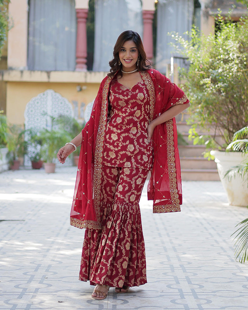 Maroon Color Georgette Jacquard Gharara Suit