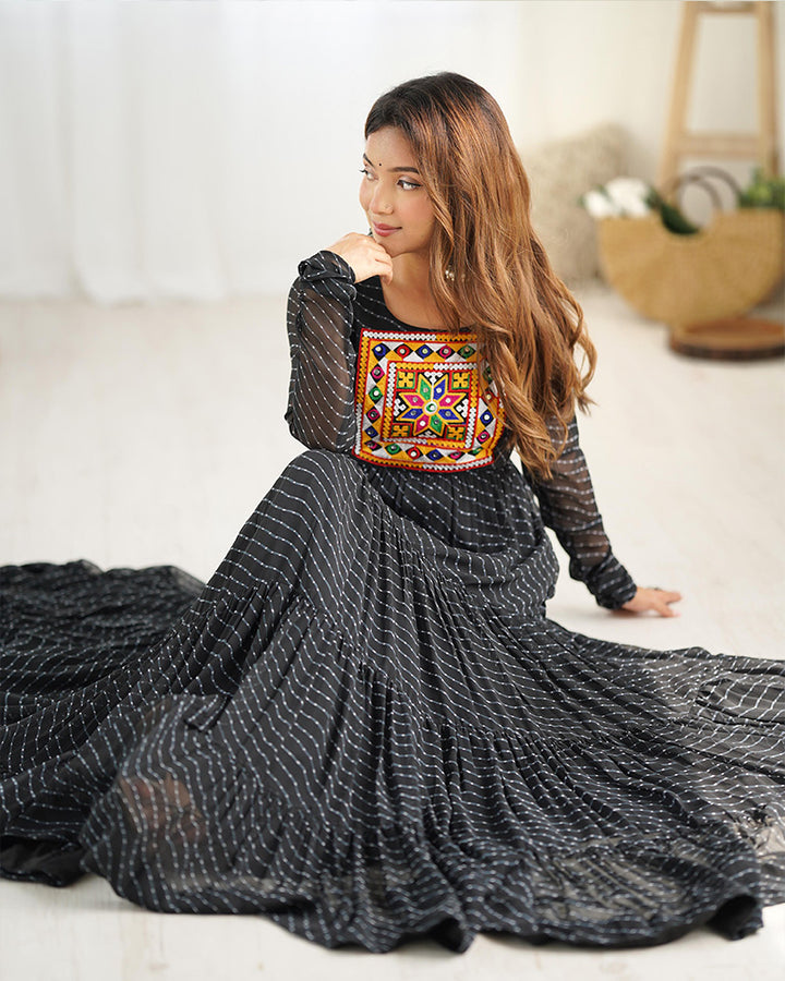 Black Color Georgette Laheriya Print Navratri Gown