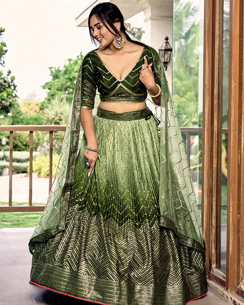 Green Color Chinon Embroidered Lehenga Choli